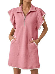 Women's Half-Zip Ruffle Sleeve Mini Dress with Pockets