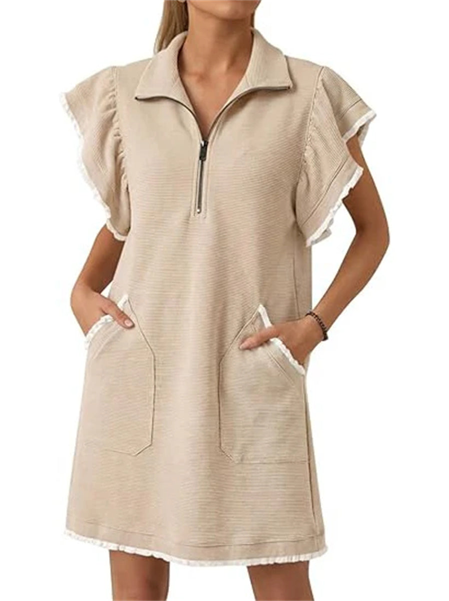 Women's Half-Zip Ruffle Sleeve Mini Dress with Pockets