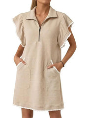 Women's Half-Zip Ruffle Sleeve Mini Dress with Pockets