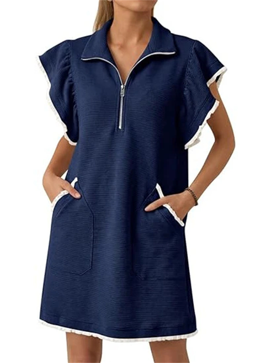 Women's Half-Zip Ruffle Sleeve Mini Dress with Pockets