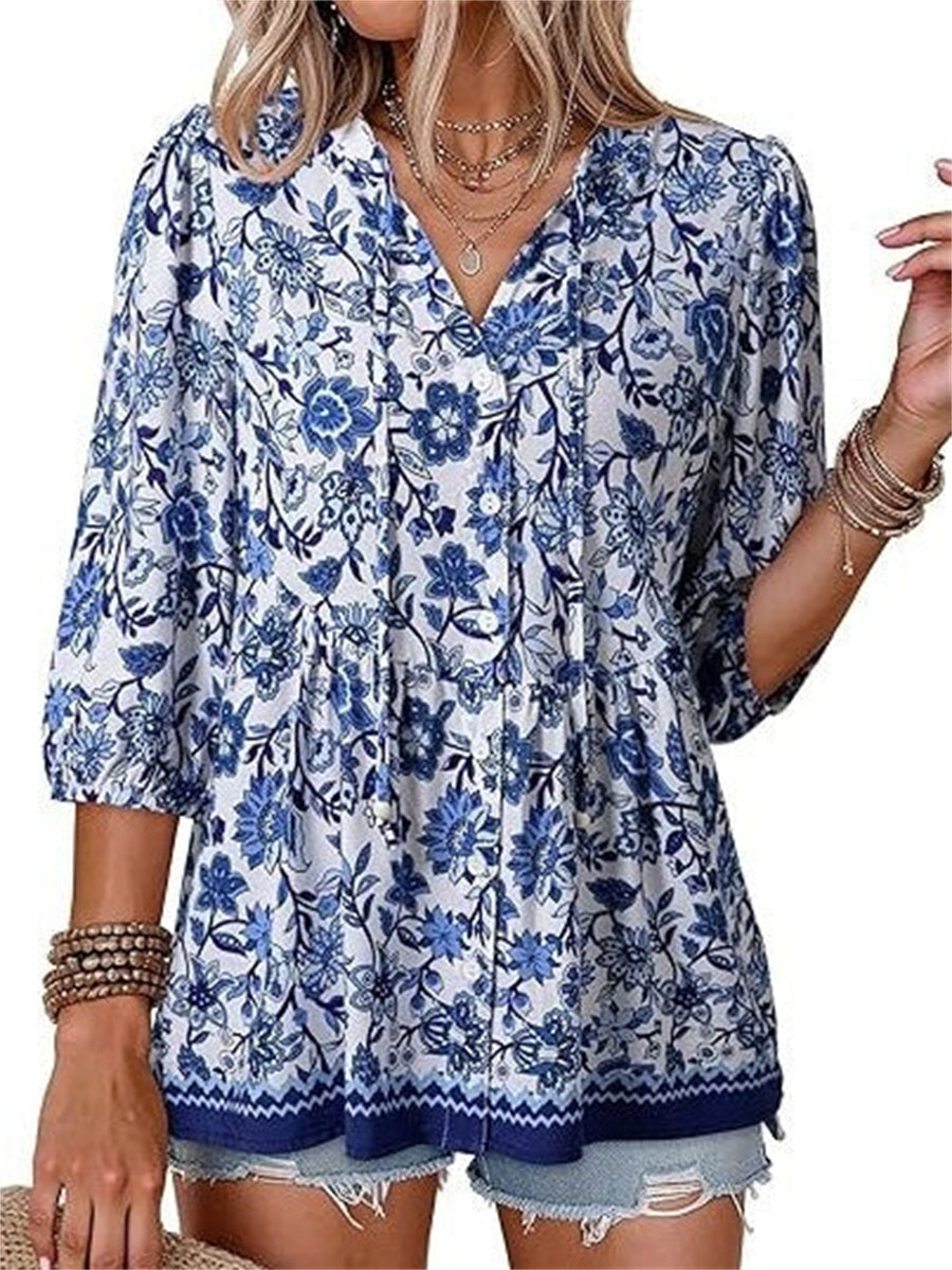 Women's Boho Floral V-Neck Peplum Blouse