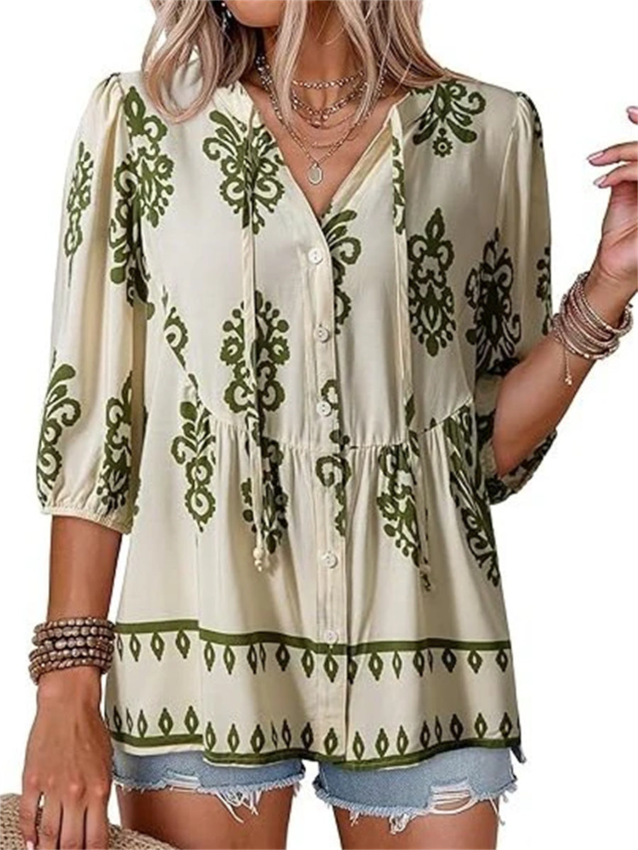 Women's Boho Floral V-Neck Peplum Blouse