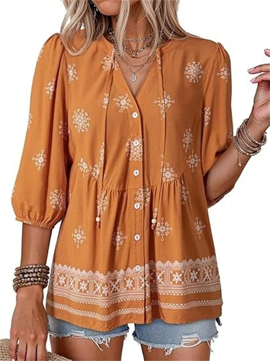 Women's Boho Floral V-Neck Peplum Blouse