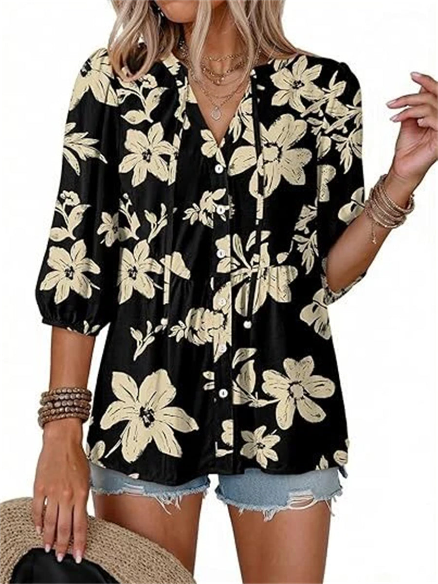 Women's Boho Floral V-Neck Peplum Blouse