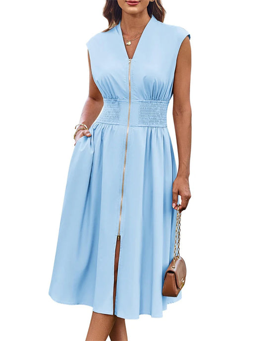 Women's Summer V Neck Cap Sleeve Zipper Front Flowy Dress