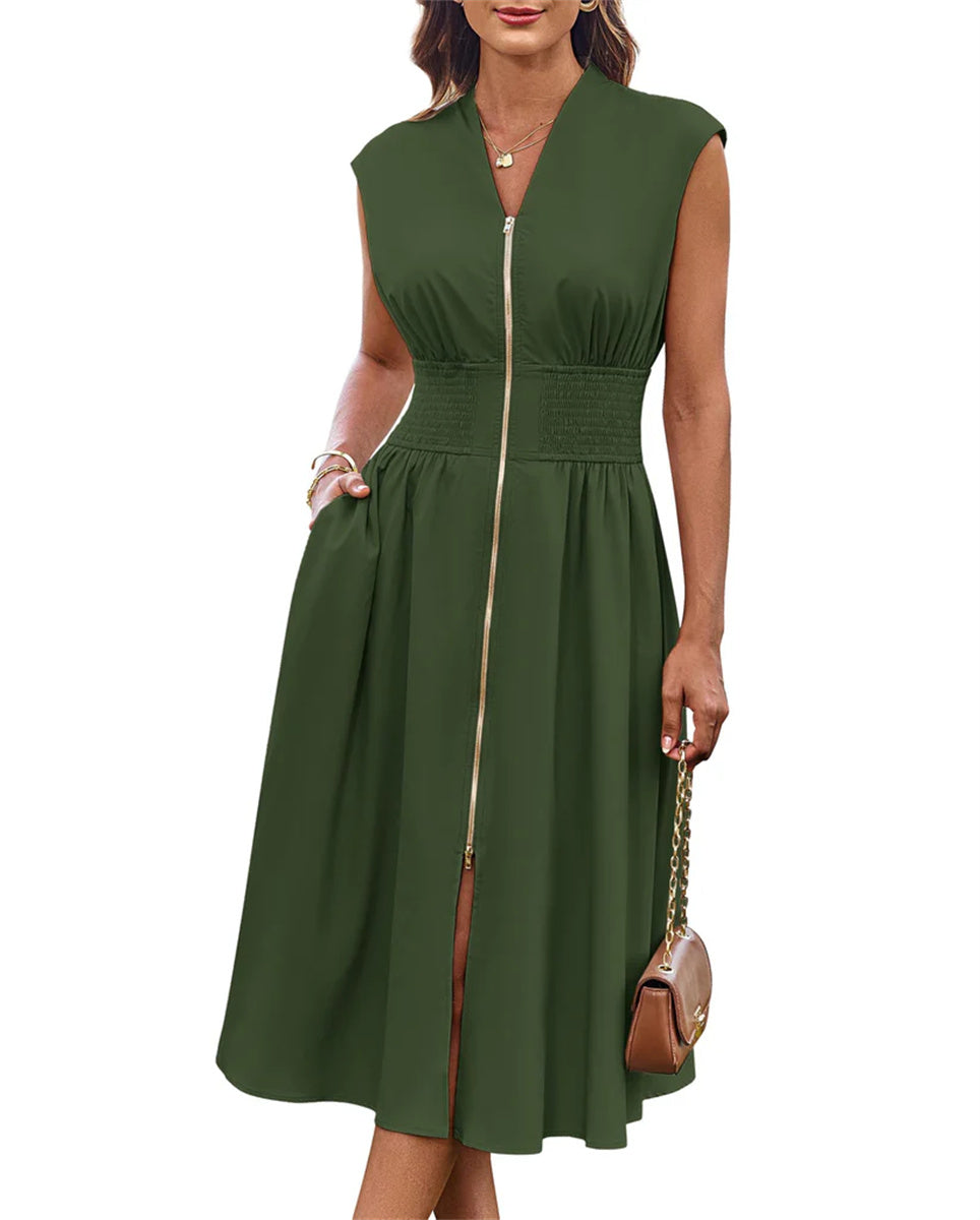 Women's Summer V Neck Cap Sleeve Zipper Front Flowy Dress