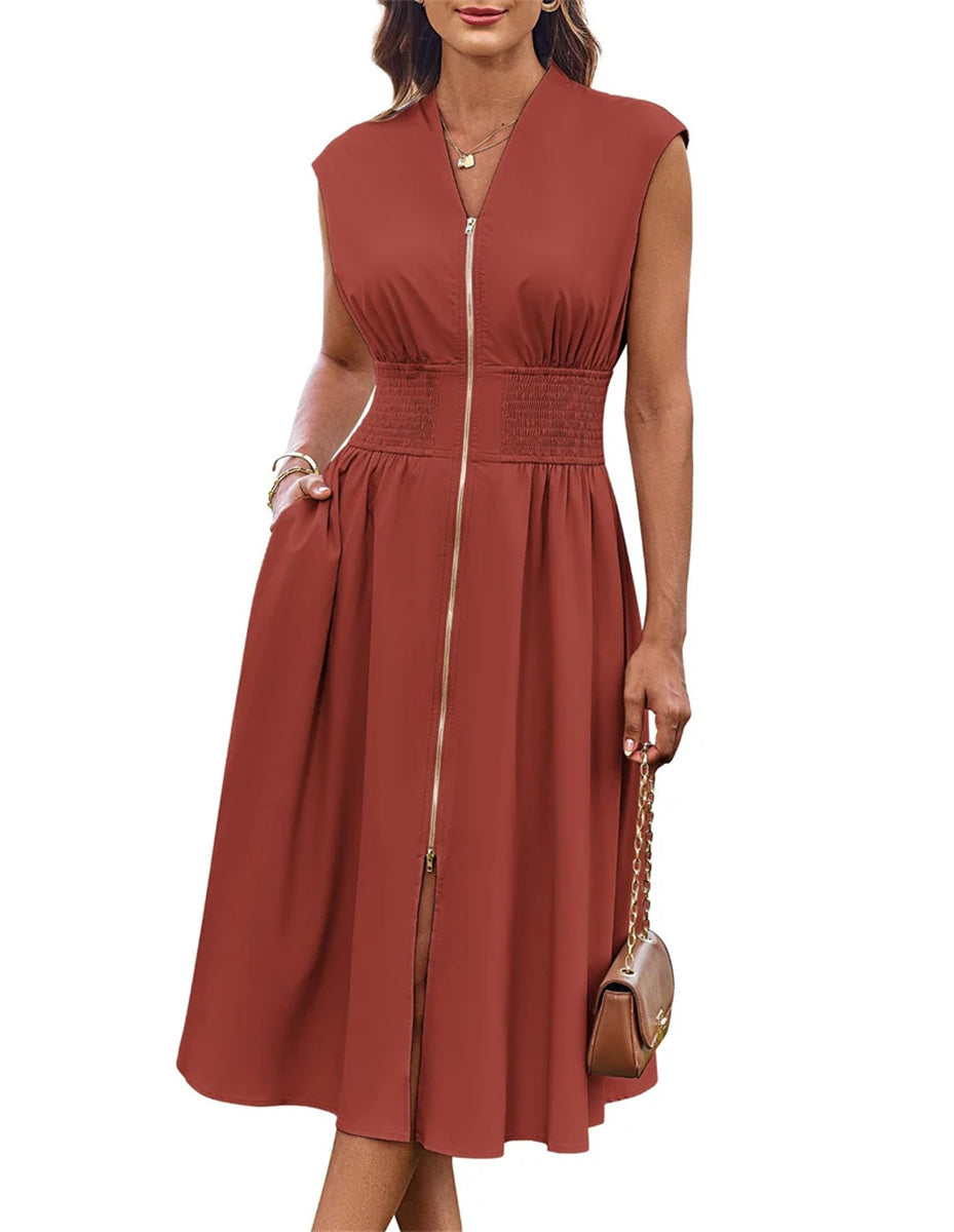 Women's Summer V Neck Cap Sleeve Zipper Front Flowy Dress