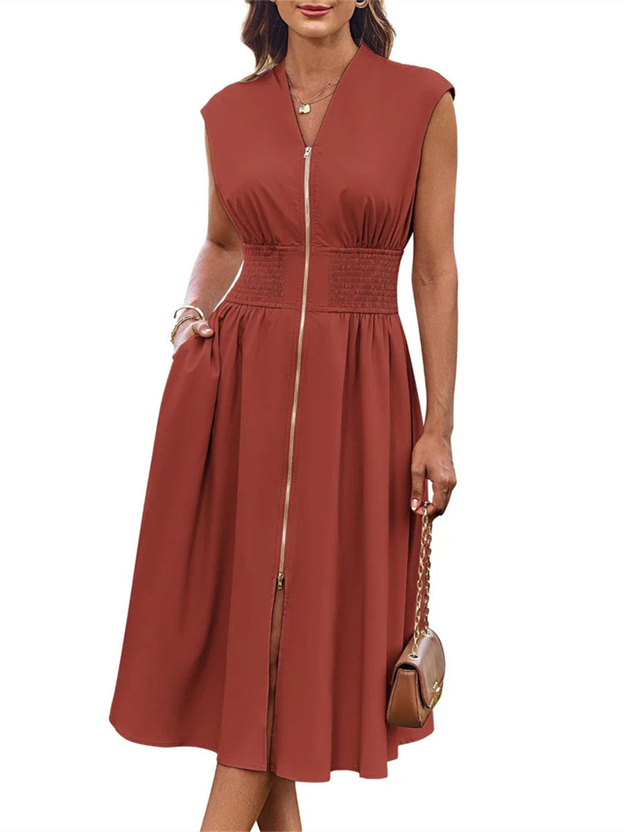 Women's Summer V Neck Cap Sleeve Zipper Front Flowy Dress