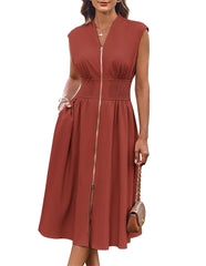 Women's Summer V Neck Cap Sleeve Zipper Front Flowy Dress