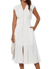 Women's Summer V Neck Cap Sleeve Zipper Front Flowy Dress