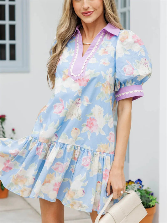 Women's Floral Print Puff Sleeve Tunic Dress