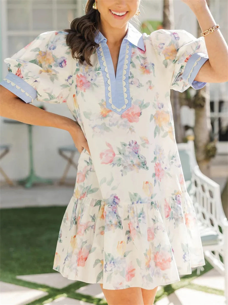 Women's Floral Print Puff Sleeve Tunic Dress