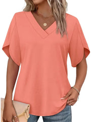 Women's Summer Short Petal Sleeve Fashion V Neck Outfits Tops
