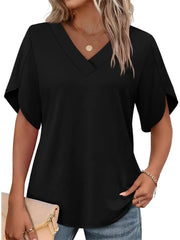 Women's Summer Short Petal Sleeve Fashion V Neck Outfits Tops