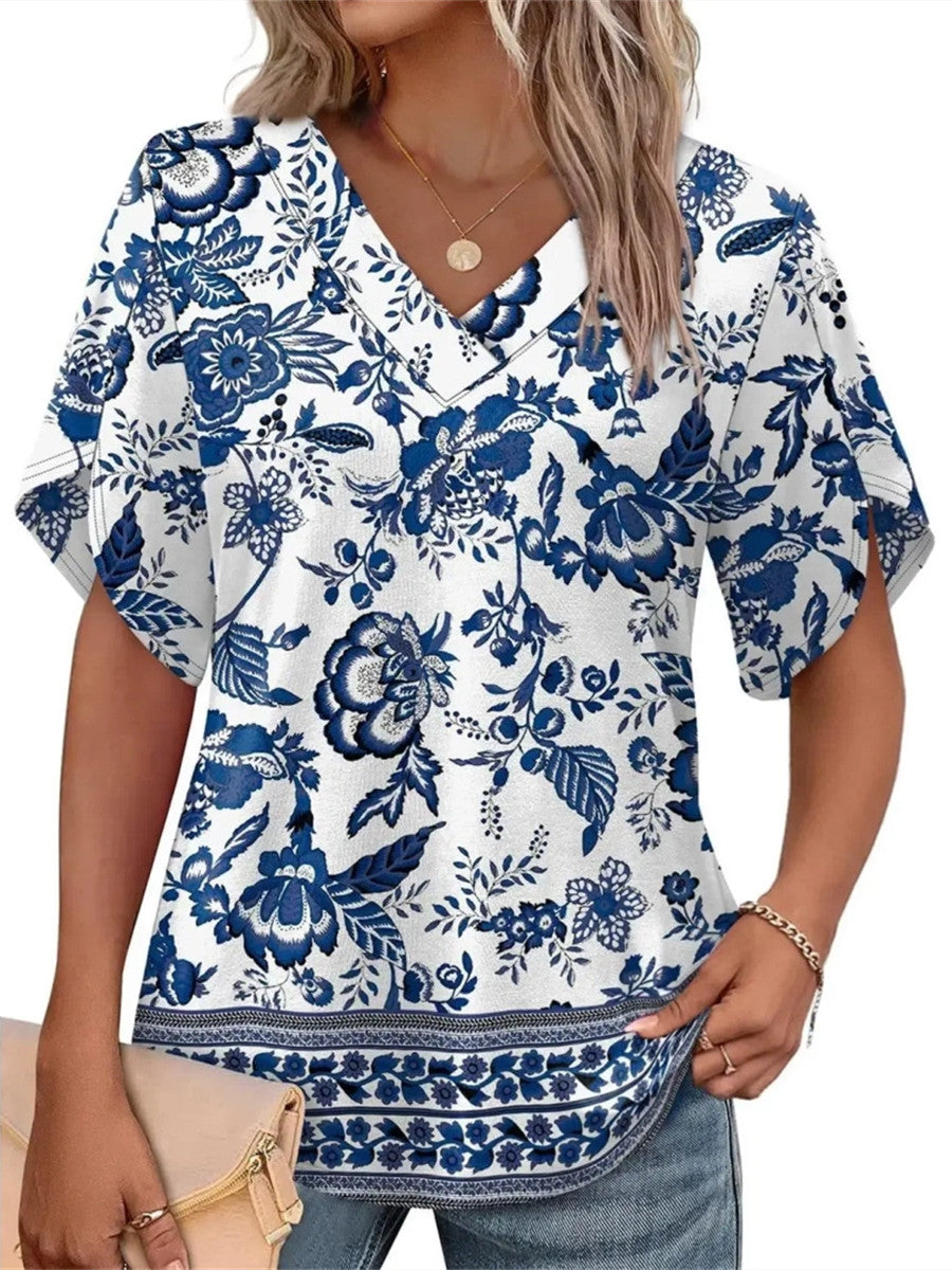 Women's Summer Short Petal Sleeve Fashion V Neck Outfits Tops