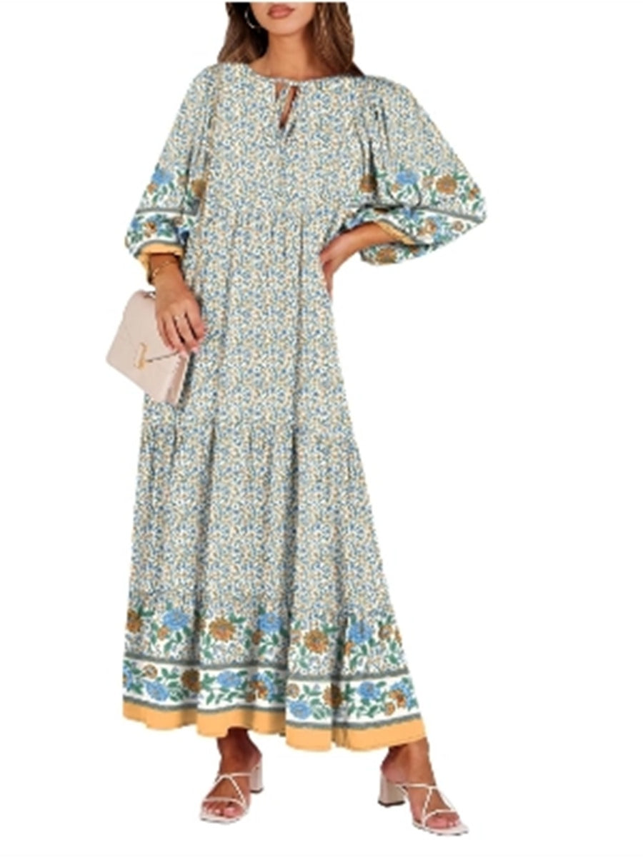 Women's V Neck Puff Sleeve Floral Flowy Swing Long Dress