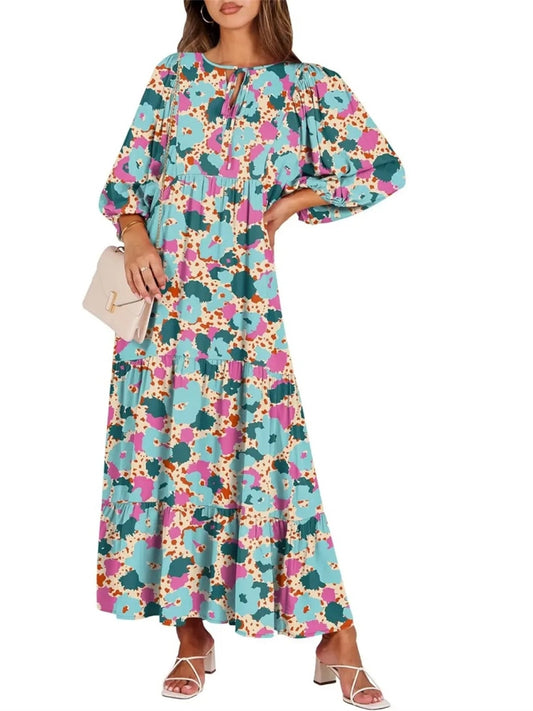 Women's V Neck Puff Sleeve Floral Flowy Swing Long Dress