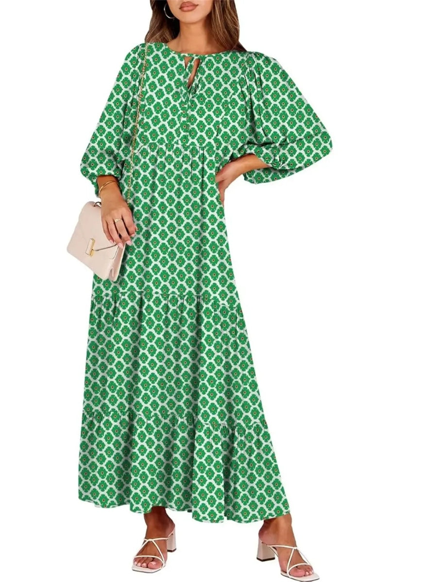 Women's V Neck Puff Sleeve Floral Flowy Swing Long Dress