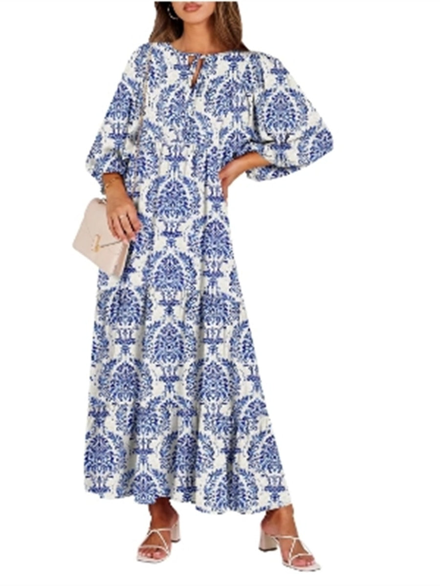 Women's V Neck Puff Sleeve Floral Flowy Swing Long Dress