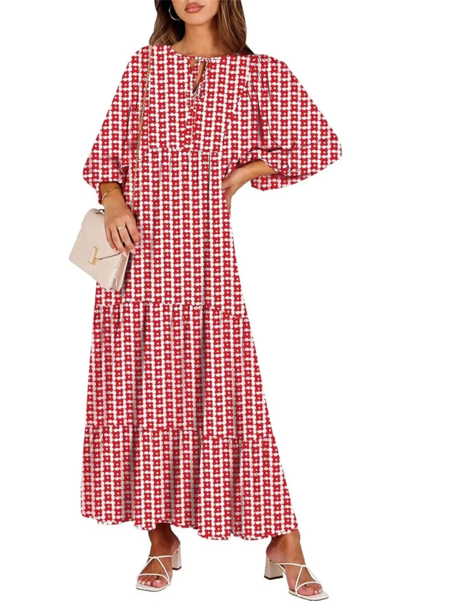 Women's V Neck Puff Sleeve Floral Flowy Swing Long Dress