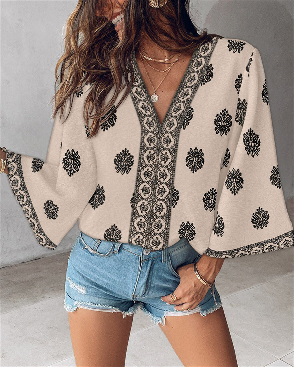 Women's Bohemian Print V-Neck 3/4 Bell Sleeve Top