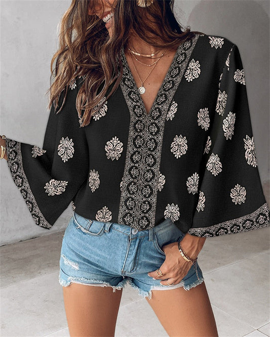 Women's Bohemian Print V-Neck 3/4 Bell Sleeve Top
