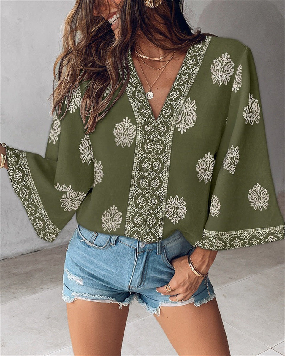 Women's Bohemian Print V-Neck 3/4 Bell Sleeve Top