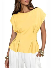 Women's Crew Neck Pleated Peplum Cap Sleeve Top
