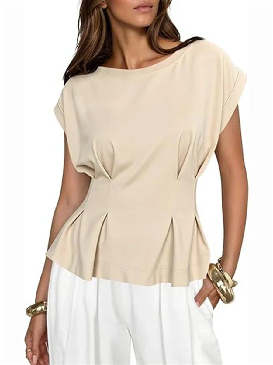 Women's Crew Neck Pleated Peplum Cap Sleeve Top
