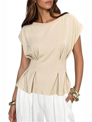 Women's Crew Neck Pleated Peplum Cap Sleeve Top
