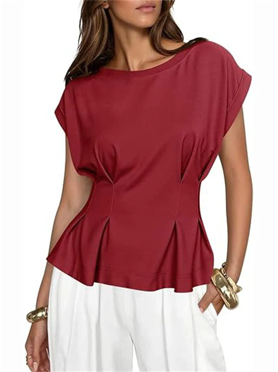 Women's Crew Neck Pleated Peplum Cap Sleeve Top