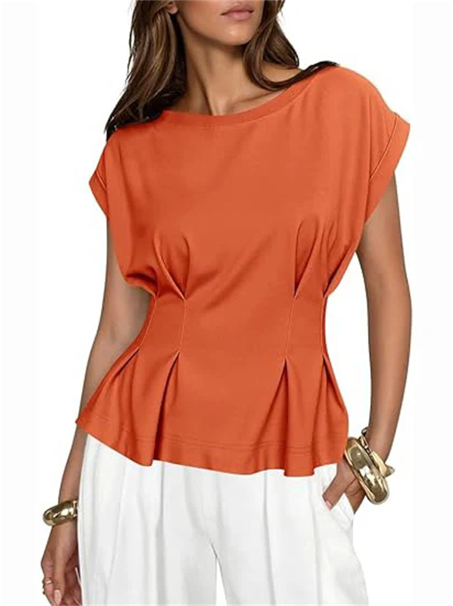 Women's Crew Neck Pleated Peplum Cap Sleeve Top