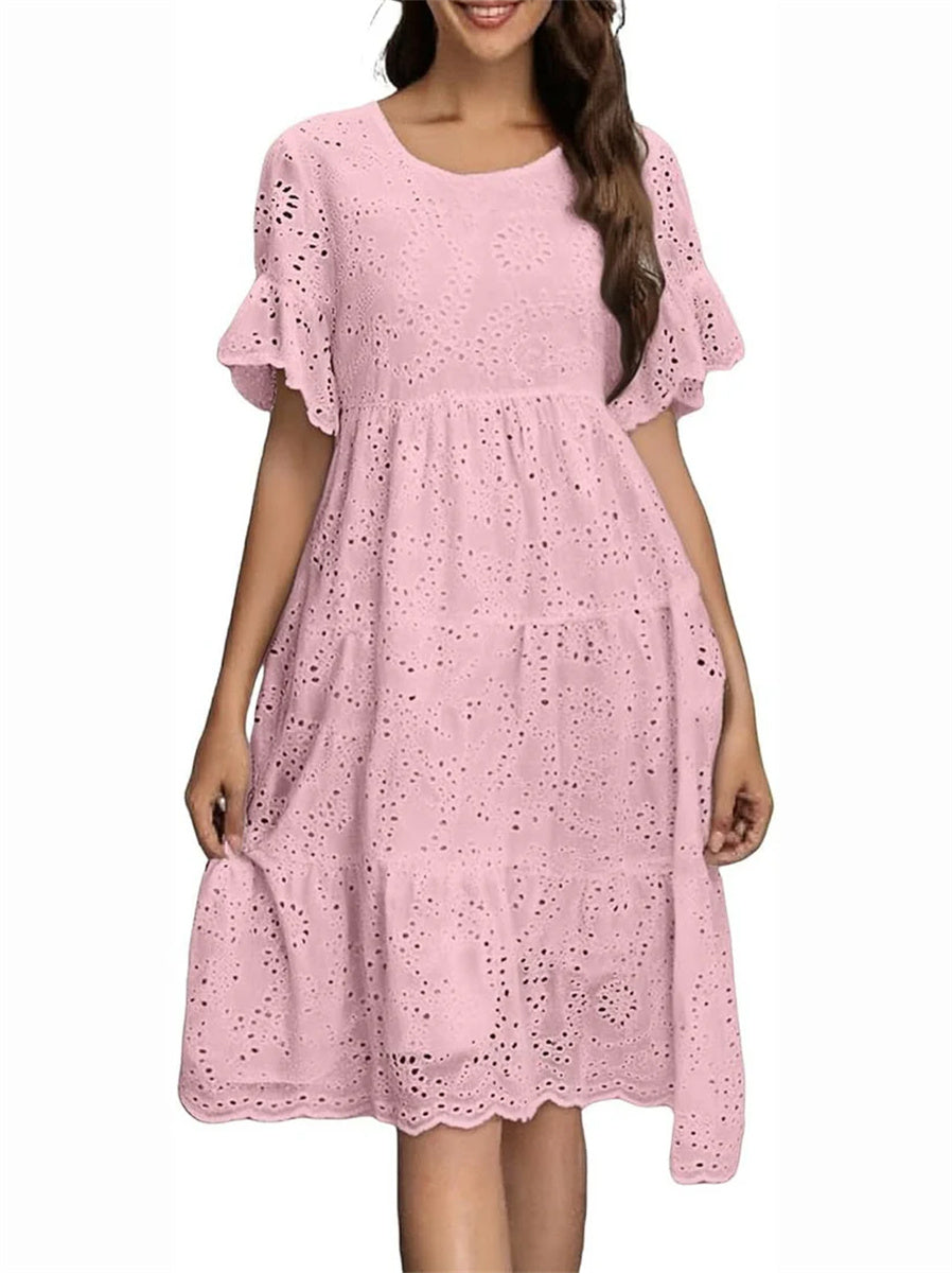 Women's Eyelet Flutter Sleeve Tiered Midi Dress
