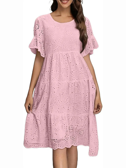 Women's Eyelet Flutter Sleeve Tiered Midi Dress