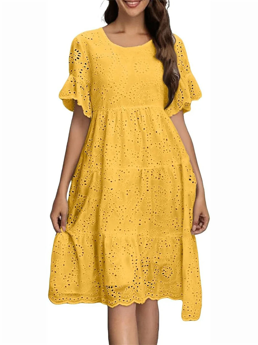 Women's Eyelet Flutter Sleeve Tiered Midi Dress