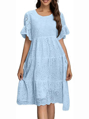 Women's Eyelet Flutter Sleeve Tiered Midi Dress