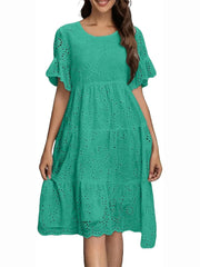 Women's Eyelet Flutter Sleeve Tiered Midi Dress