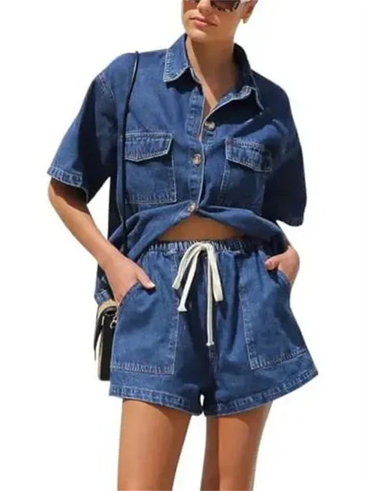 Women's Denim Short Sleeve Top & Shorts Co-ord Set