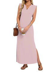 Women's Basic V-Neck Split Maxi Dress