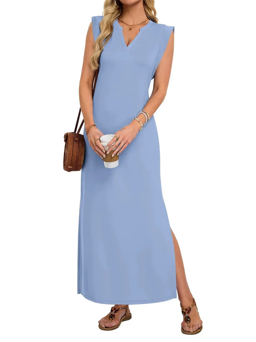 Women's Basic V-Neck Split Maxi Dress