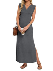 Women's Basic V-Neck Split Maxi Dress