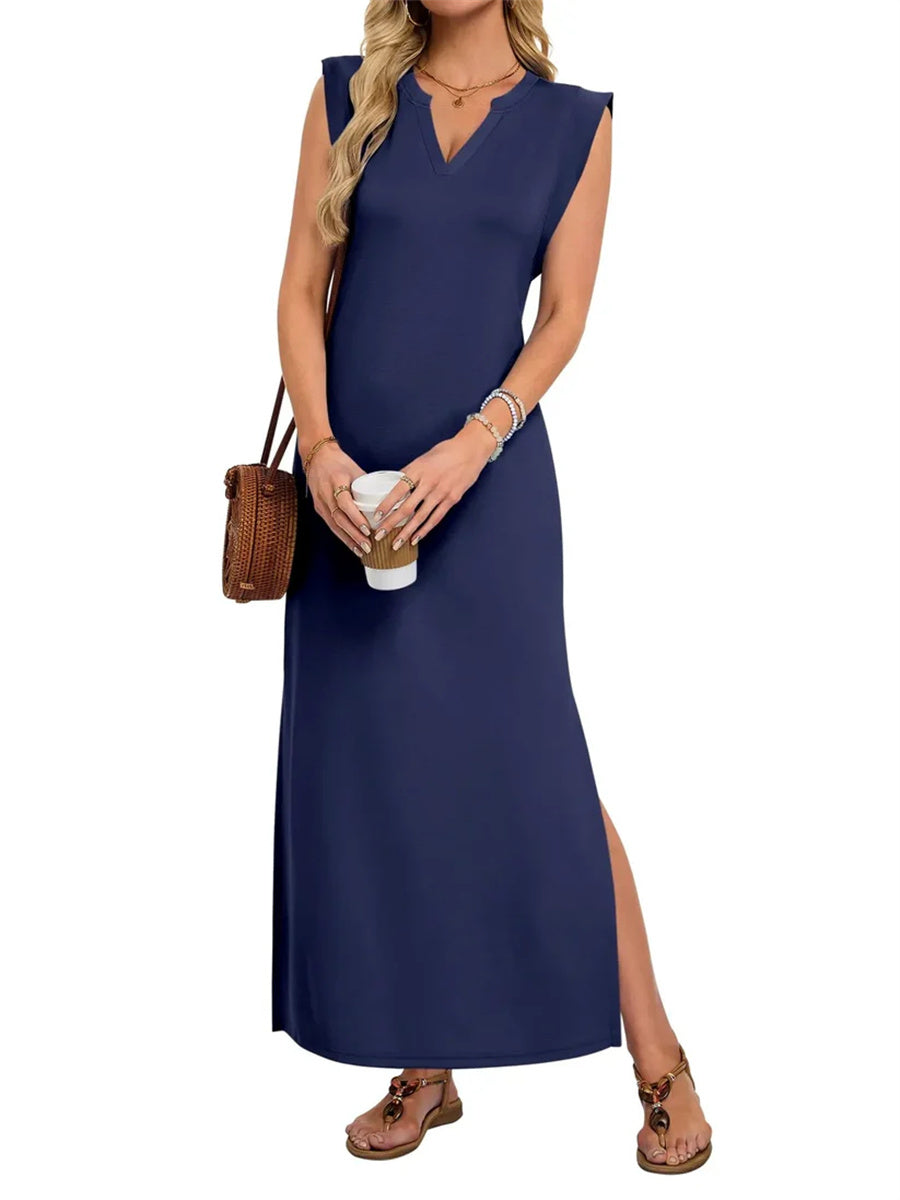 Women's Basic V-Neck Split Maxi Dress