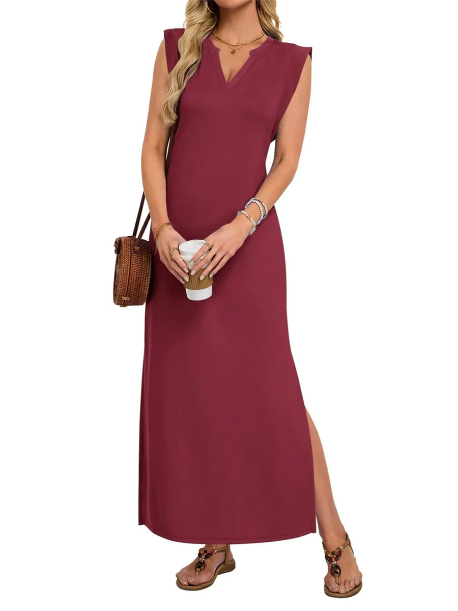 Women's Basic V-Neck Split Maxi Dress