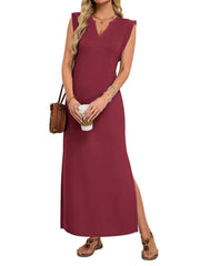 Women's Basic V-Neck Split Maxi Dress