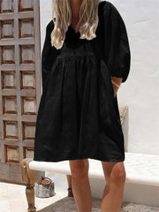 Women's Summer V-Neck Puff-Sleeve Dress Short Vacation Babydoll Dress