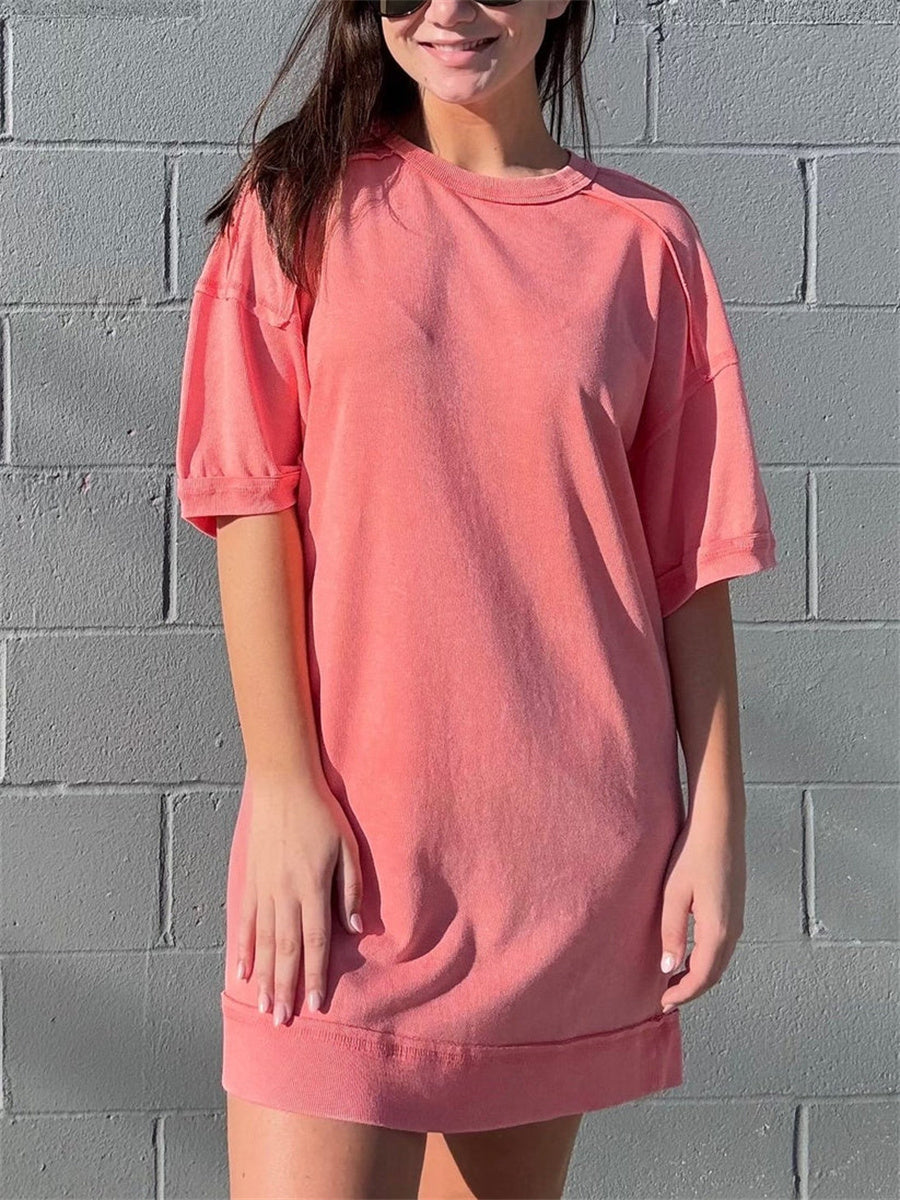 Women's Washed Cotton Crew Neck Casual Mini Dress