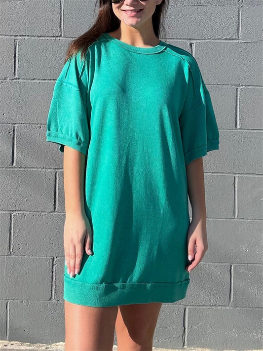 Women's Washed Cotton Crew Neck Casual Mini Dress