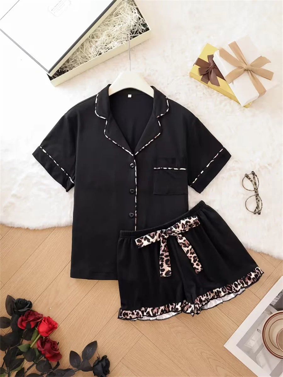 Women's Leopard Color Block Short Sleeve Pajama Set