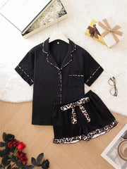 Women's Leopard Color Block Short Sleeve Pajama Set