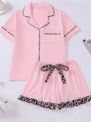 Women's Leopard Color Block Short Sleeve Pajama Set